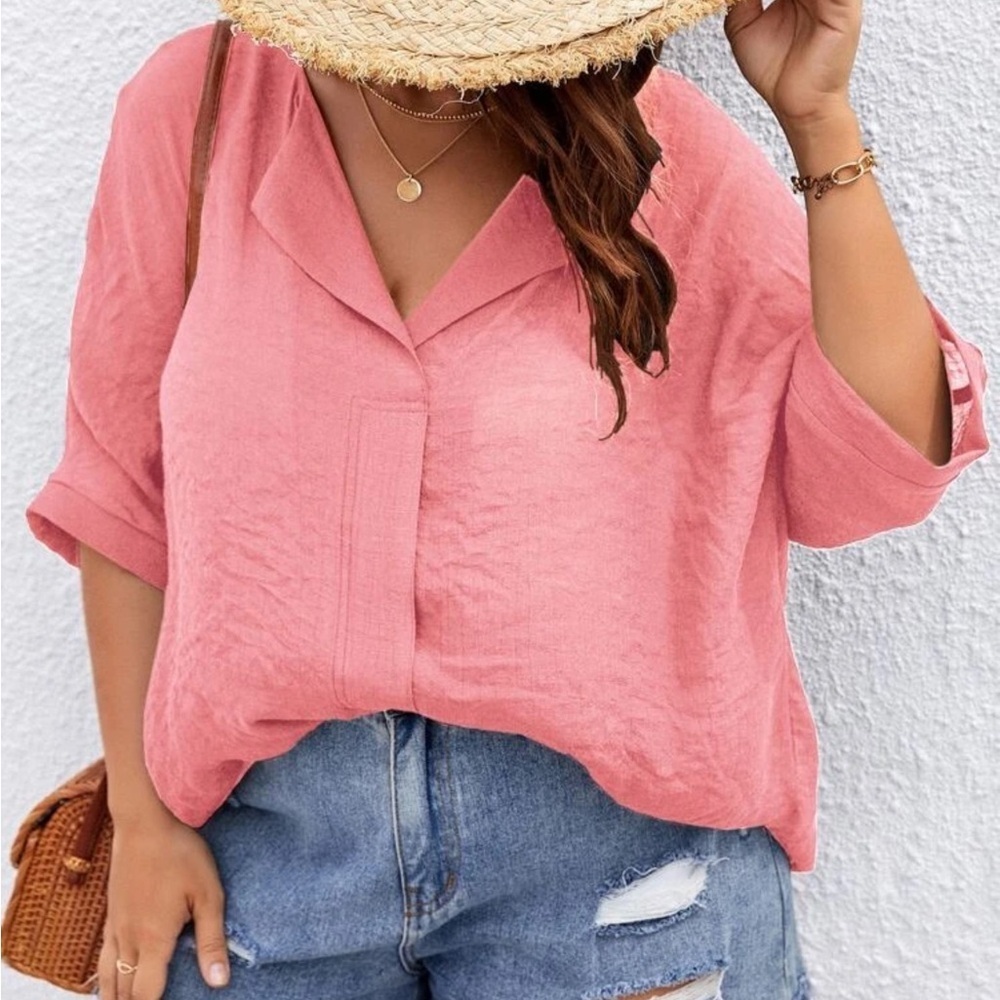 Plus Solid Batwing Sleeve Blouse. Salmon pink color.